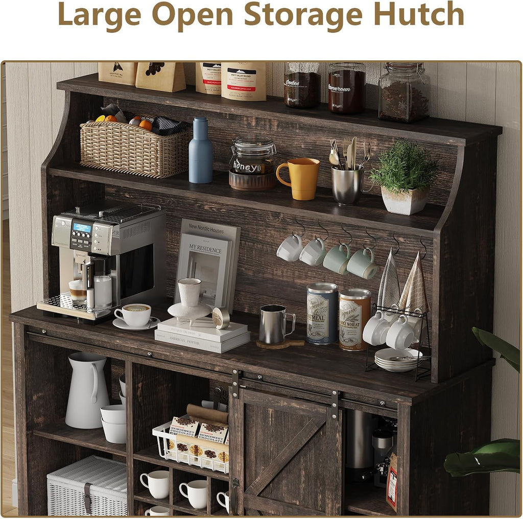 55 Inch Farmhouse Coffee Bar Cabinet with 3-Tier Enclosed Storage Cabinet, Kitchen Hutch with 12 Wine Racks & 3 Glass Holders, Coffee Bar with 6 Hooks, Wood Furniture for Dining Living Room, Oak