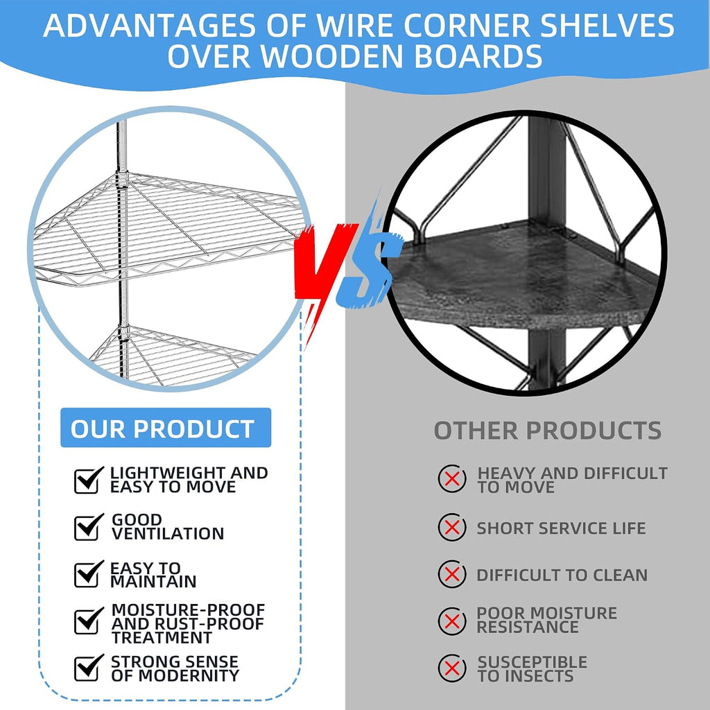 Pentagonal Corner Storage Rack, 6 Tier Metal Corner Shelf Wire Shelving Unit, 600lbs Capacity, NSF, Adjustable Height, Leveling Feet and Liners, Ideal for Bathroom, Kitchen, 72'H x 20'L x 20'W Chrome