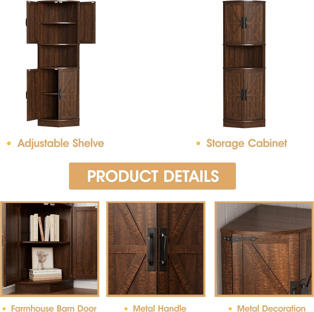 Vabches 64.8' Tall Farmhouse Corner Cabinet with 4 Doors and 5 Storage Shelves, Farmhouse Storage Cabinet with Barn Door Design, Home Space Saver for Living Room, Kitchen, Laundry Room,Brown