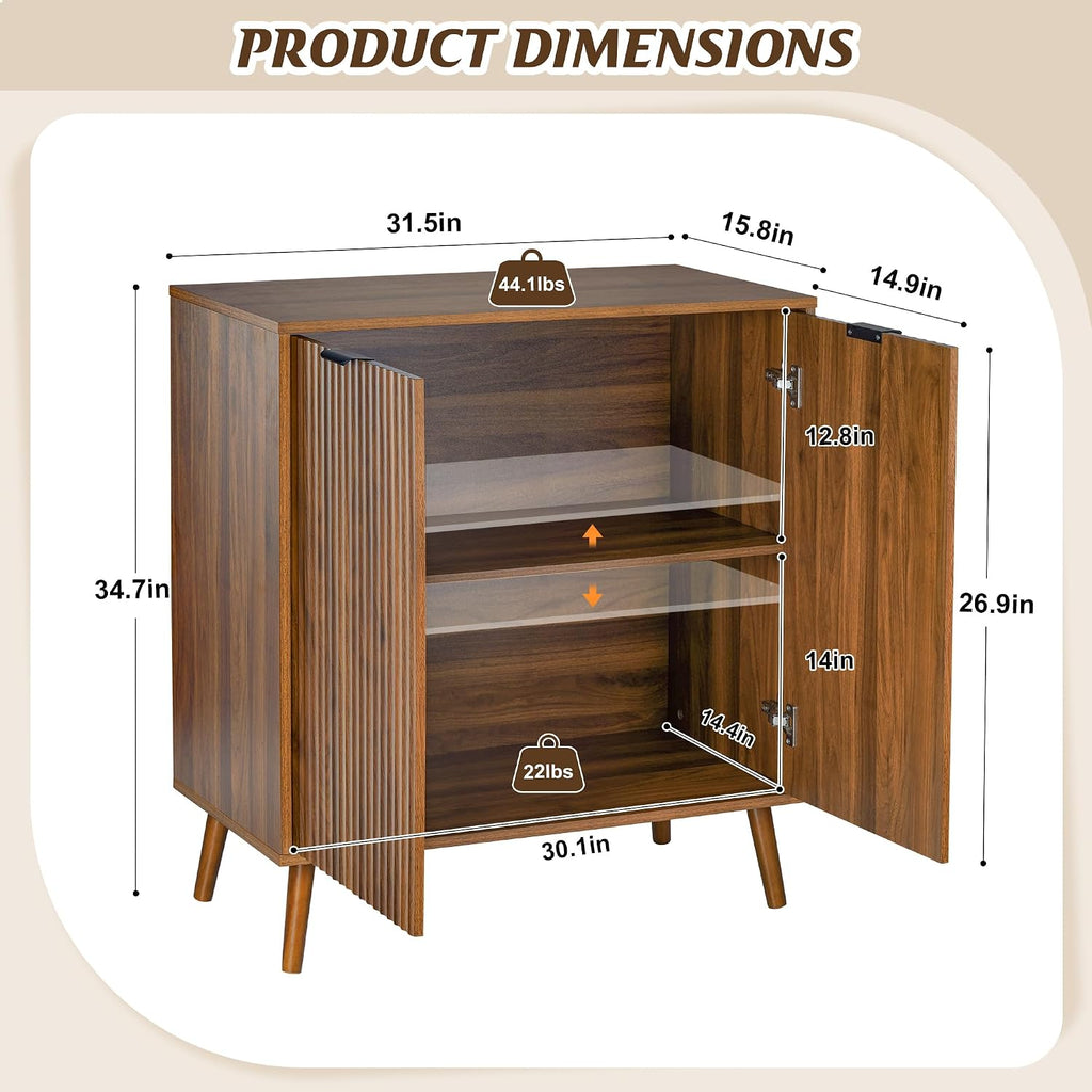 LYNCOHOME Fluted Sideboard Buffet Cabinet with Storage, 2 Doors with Solid Wood Feet for Kitchen, Hallway