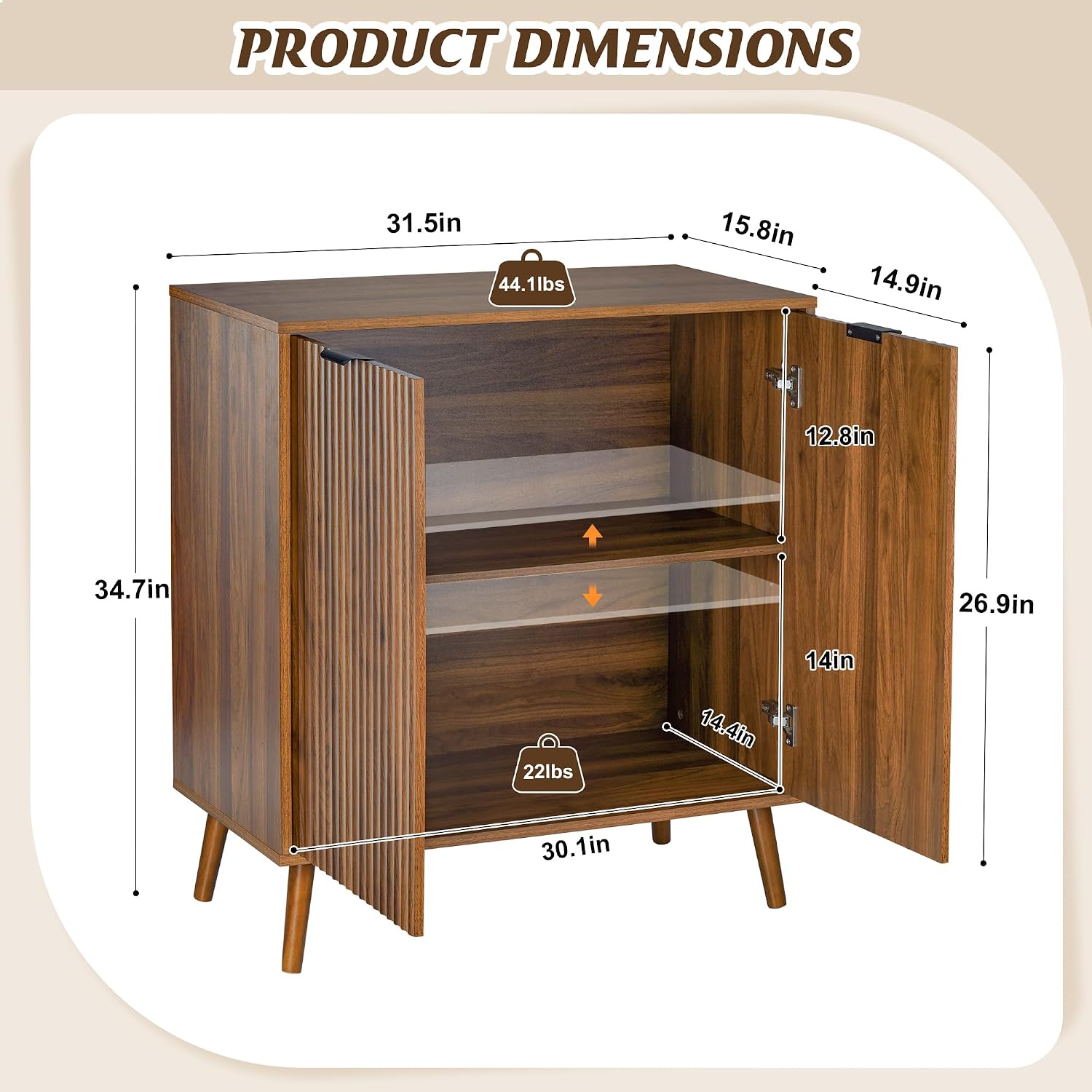 LYNCOHOME Fluted Sideboard Buffet Cabinet with Storage, 2 Doors with Solid Wood Feet for Kitchen, Hallway