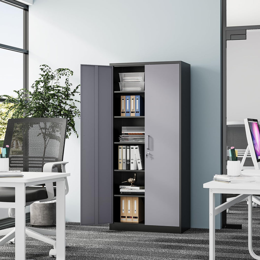 Fesbos Metal Cabinet Steel Storage Cabinet - 71' Tall File Cabinets with Lockable Doors and 5 Adjustable Shelves Black&Gray Steel Storage Cabinets for Home, School, Office, Garage