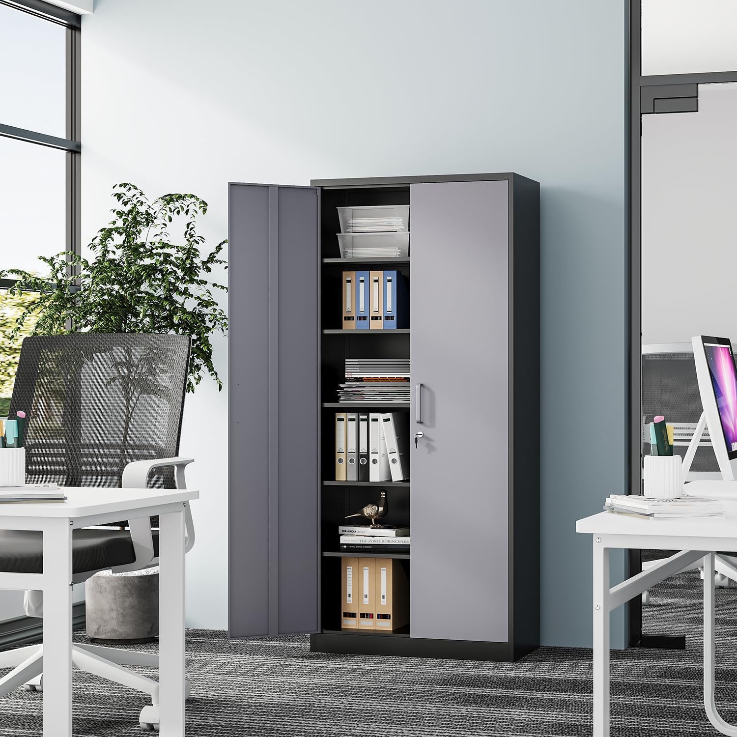 Fesbos Metal Cabinet Steel Storage Cabinet - 71' Tall File Cabinets with Lockable Doors and 5 Adjustable Shelves Black&Gray Steel Storage Cabinets for Home, School, Office, Garage