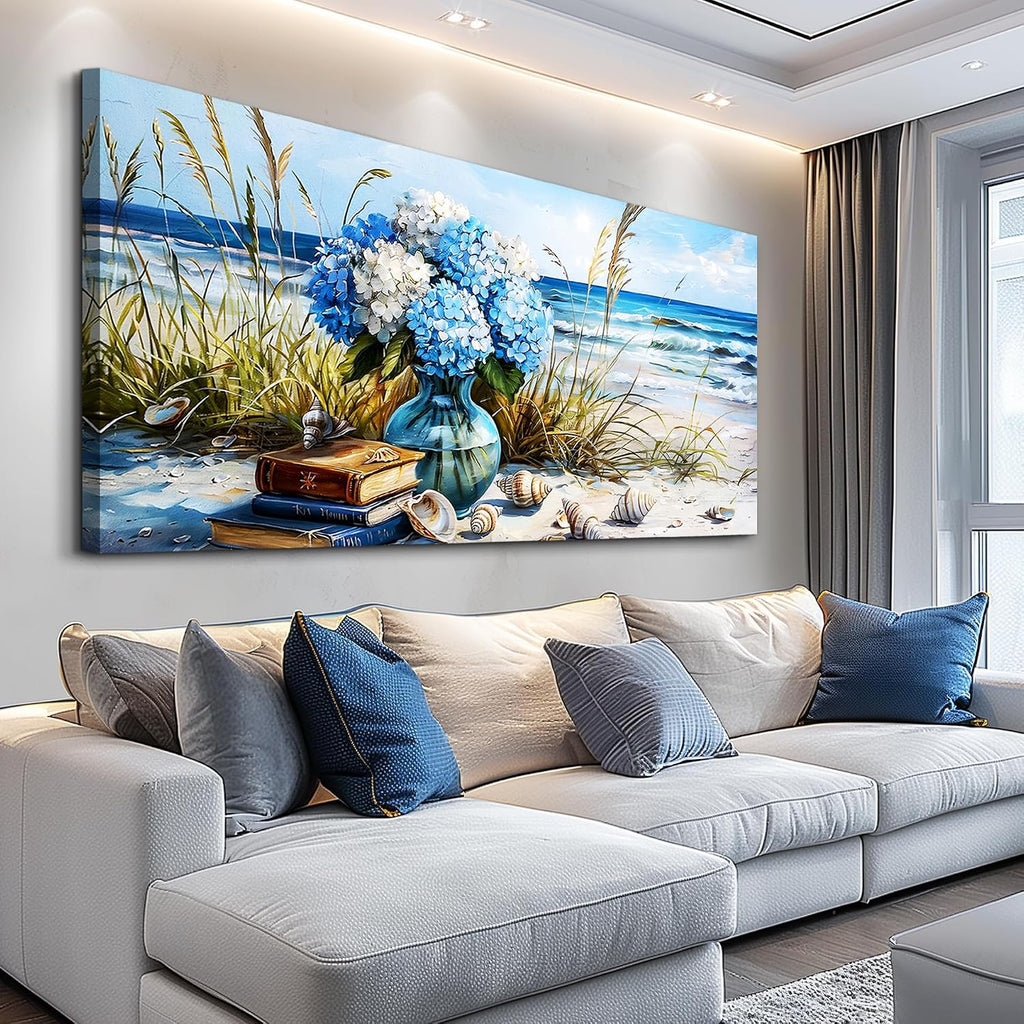JUDASJART Wall Decor For Bedroom Large Wall Art For Living Room Office Decorations Modern Blue Beach Flower vase Paintings Ocean Seascape Wall Pictures Canvas Artwork Home Decor Ready To Hang