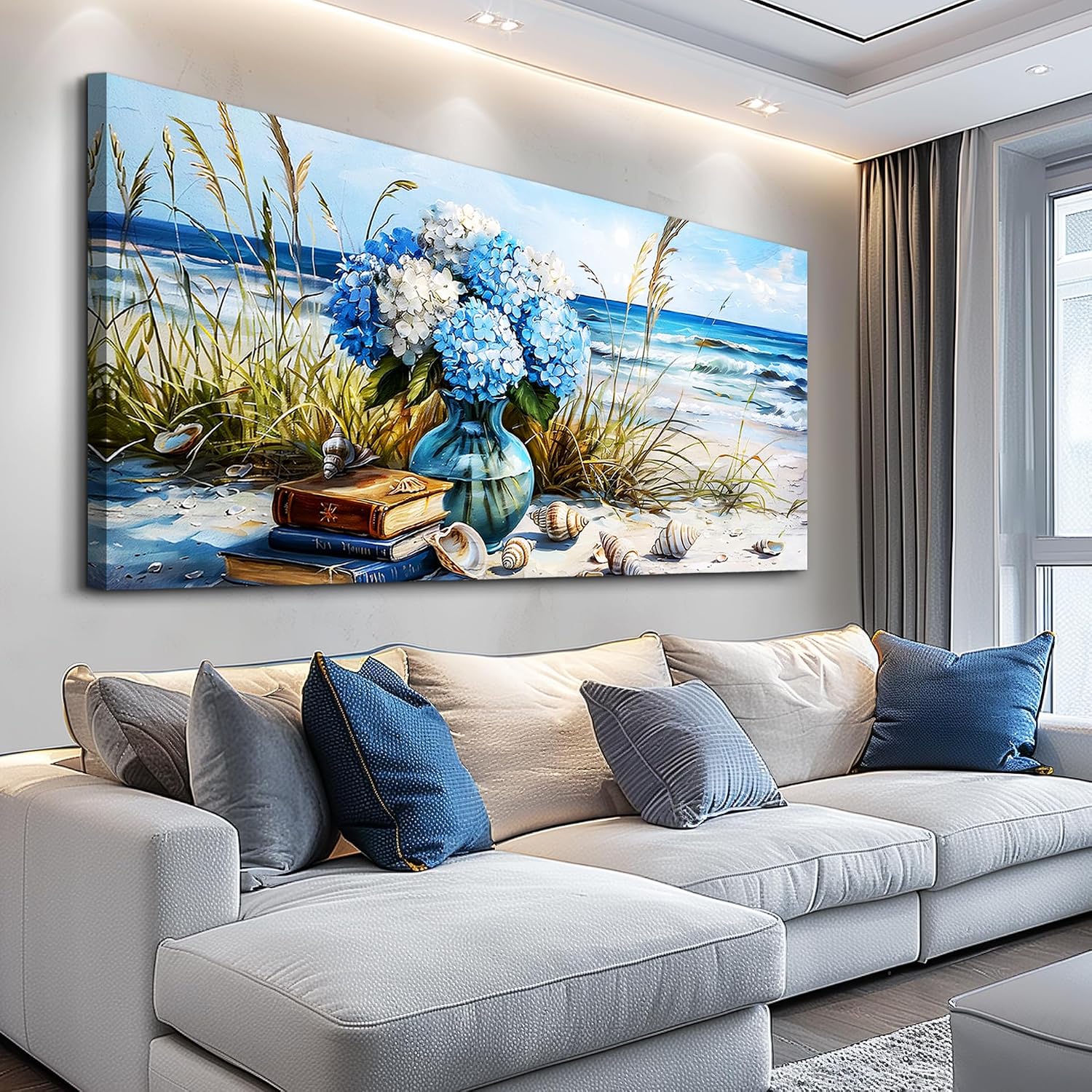 JUDASJART Wall Decor For Bedroom Large Wall Art For Living Room Office Decorations Modern Blue Beach Flower vase Paintings Ocean Seascape Wall Pictures Canvas Artwork Home Decor Ready To Hang