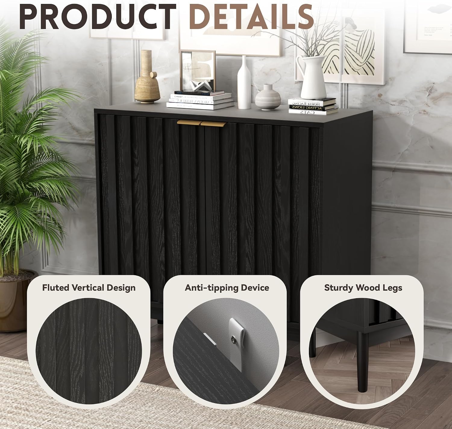 Otterease Fluted Cabinet with Storage, Buffet Cabinet Sideboard with Door, Kitchen Buffet Storage Accent Cabinets with Adjustable Shelves for Living Room, Entry, Hallway, Black