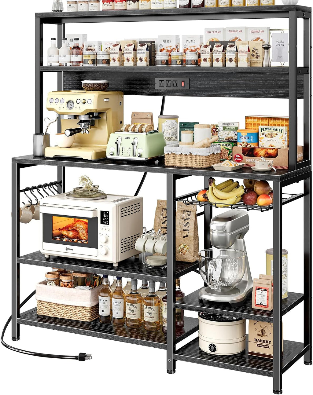 SUPERJARE Bakers Rack with Power Outlet, 47.2 Inches Coffee Bar with 3 Level-Adjustable Open Shelves, Wire Basket, Kitchen Microwave Stand with 6 S-Shaped Hooks, Black
