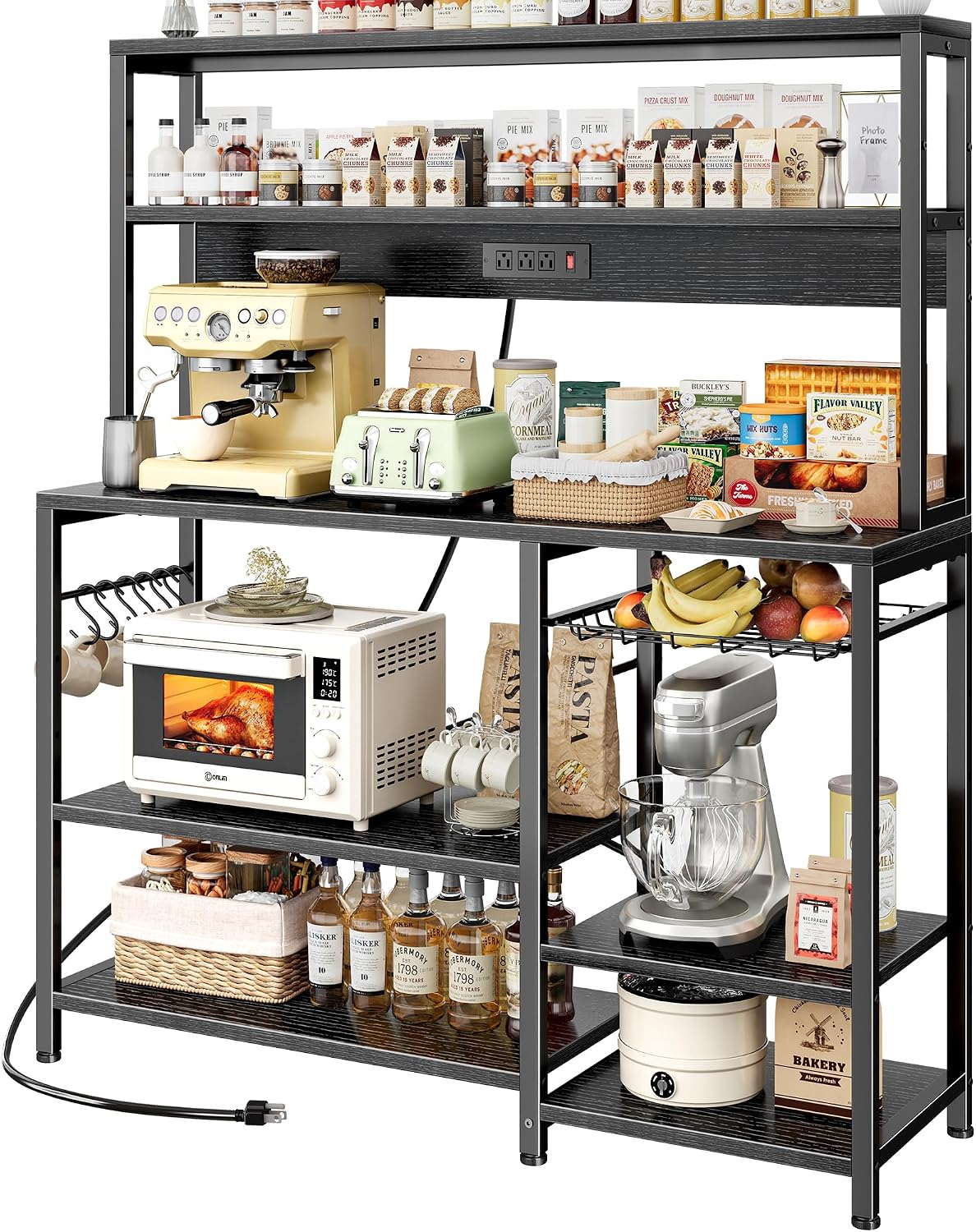 SUPERJARE Bakers Rack with Power Outlet, 47.2 Inches Coffee Bar with 3 Level-Adjustable Open Shelves, Wire Basket, Kitchen Microwave Stand with 6 S-Shaped Hooks, Black