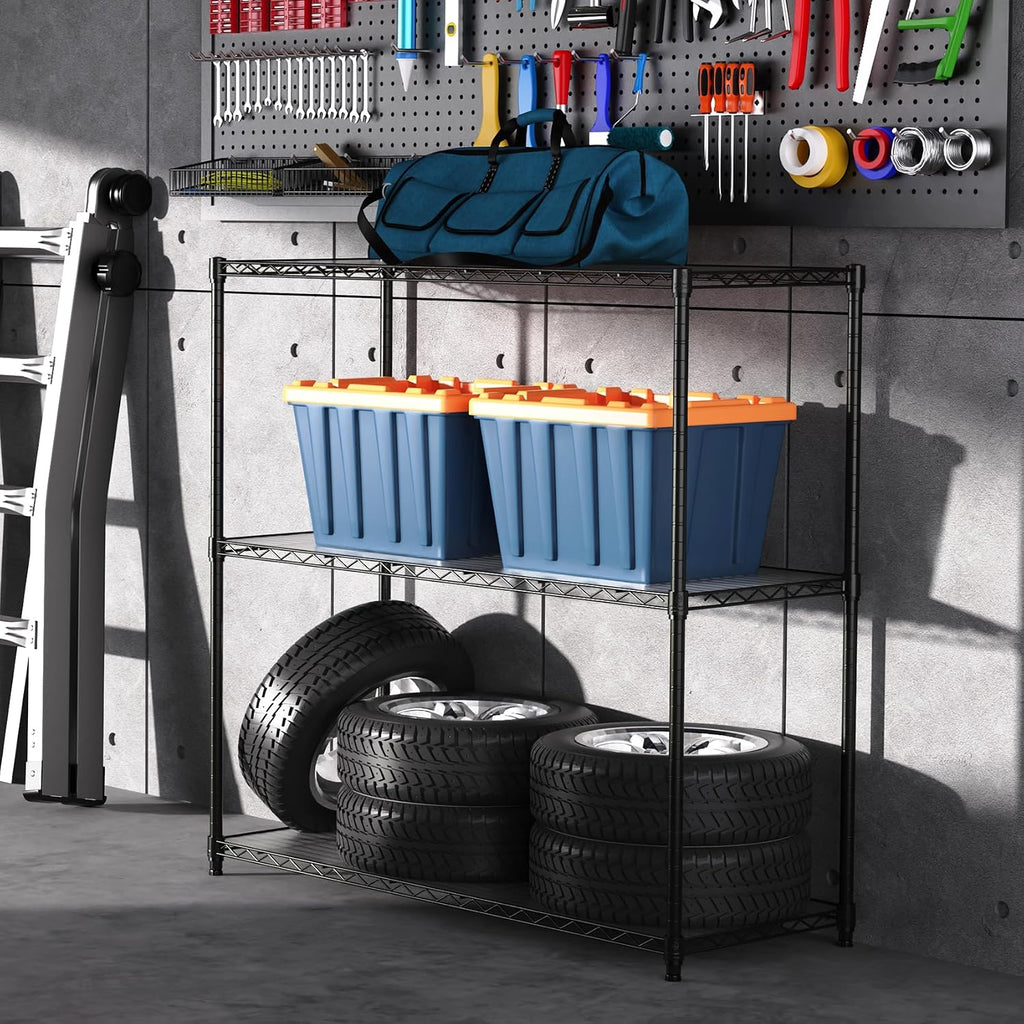 3 Tier NSF Wire Shelf Shelving Unit, 18 x 48 x 48 Inch 1050lbs Capacity Heavy Duty Adjustable Storage Metal Rack with Leveling Feet & Shelf Liners, Ideal for Garage, Kitchen, Office and More - Black