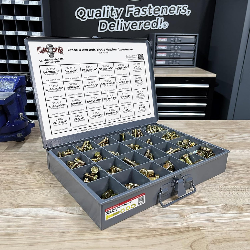 Inch Grade 8 Hex Cap Screws, Hex Nuts, Flat & Lock Washers - 574 PCS