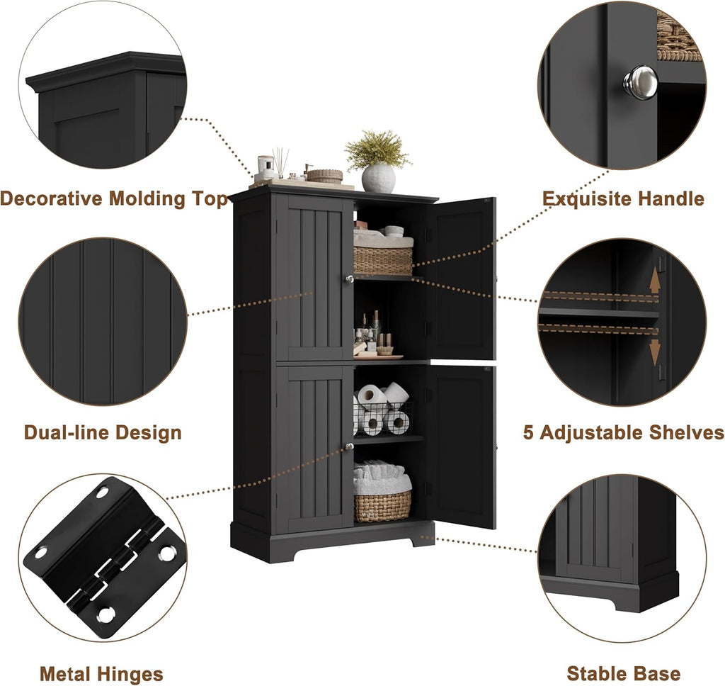 ChooChoo Bathroom Floor Cabinet, Modern Bathroom Storage Cabinet with 4 Doors and Adjustable Shelves, Freestanding Cupboard for Living Room, Kitchen Pantry, Black