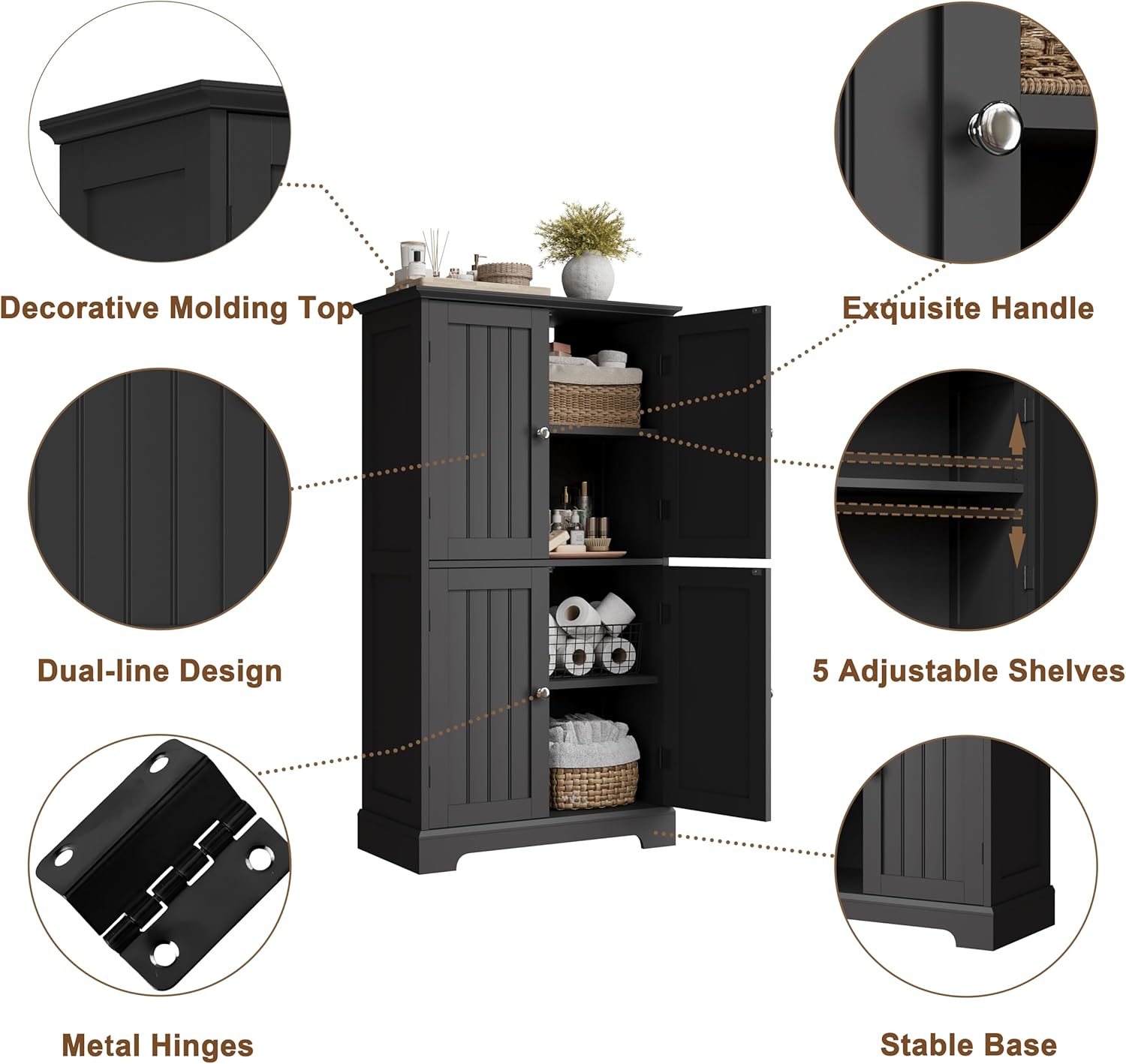 ChooChoo Bathroom Floor Cabinet, Modern Bathroom Storage Cabinet with 4 Doors and Adjustable Shelves, Freestanding Cupboard for Living Room, Kitchen Pantry, Black