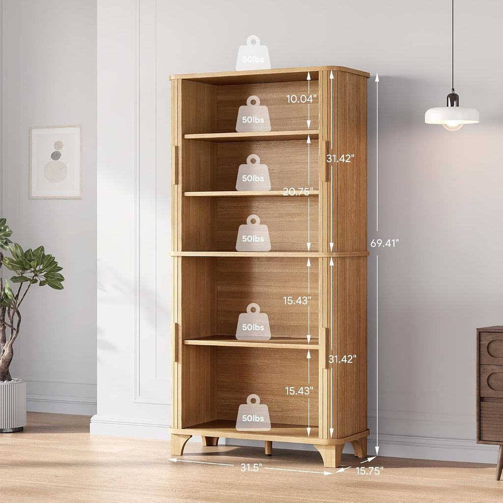 Decofy 69' Tall Kitchen Pantry Storage Cabinet with Sliding Door, Modern Curved Edge Pantry Storage Cabinet with 5 Shelves, Cupboard for the Kitchen, Dining Room, Bedroom, Living Room, Office (Oak)