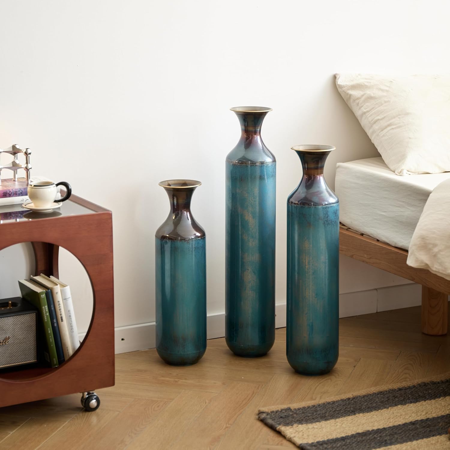 Aqua Blue Tall Floor Vase - 20.4/24.4/28.34 in Metal Droplet-Shaped Vases Extra Large Decorative Vase Set of 3 Living Room Modern Gorgeous Home Decoration Large Glazed Metal Vase