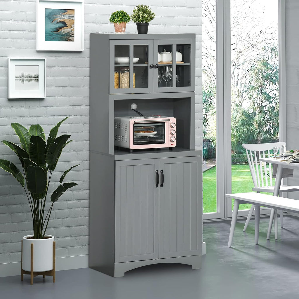 HOMCOM Kitchen Hutch, 70' Pantry Cabinet with Glass Framed Door, Storage Cabinet with Adjustable Shelves and Microwave Space for Dining Room, Gray