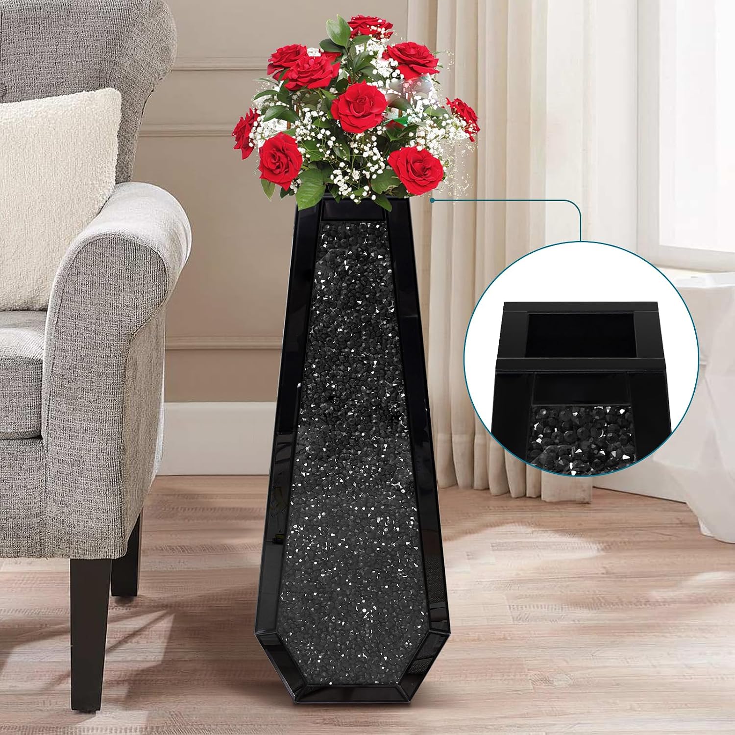 30' Tall Crushed Diamond Floor Vase, Black Large Vases for Decor Living Room, Crystal Mirrored Home Decor Vases for Dried Flower