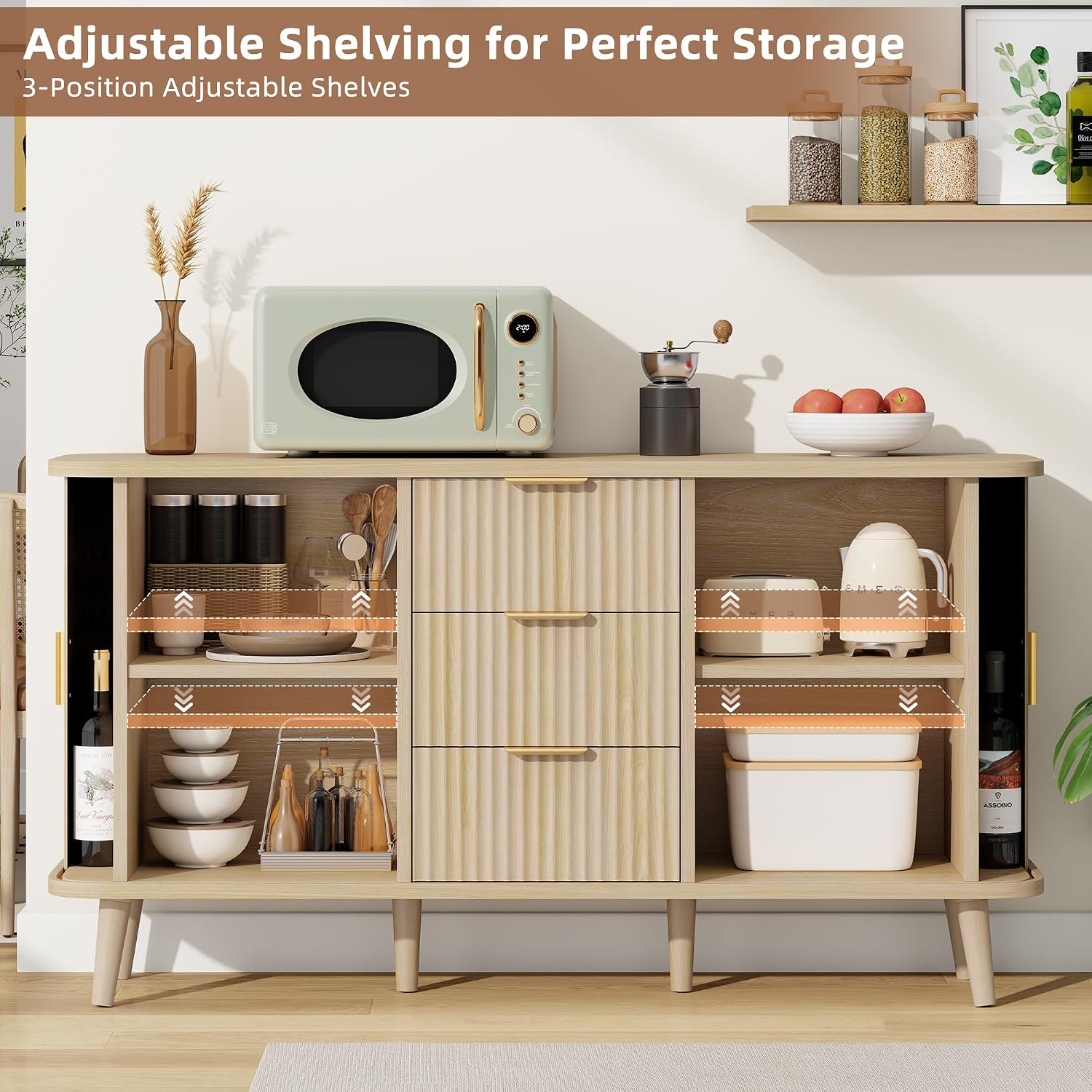 Lulive Natrual Buffet Cabinet, 55' Wide Sideboard Buffet Storage Cabinet with Rolling & Sliding Doors, Modern Bar Cabinet for Kitchen & Dining Room