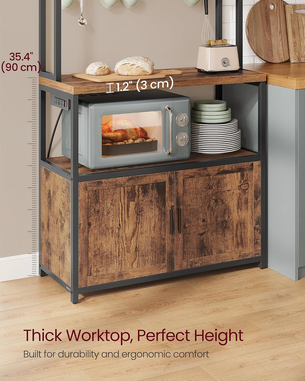 VASAGLE Kitchen Bakers Rack with Power Outlet, Coffee Bar with 35.4-Inch High Worktop, Microwave Stand with 8 Hooks, 15.7 x 31.5 x 66.9 Inches, Rustic Brown and Ink Black UKKS059K01