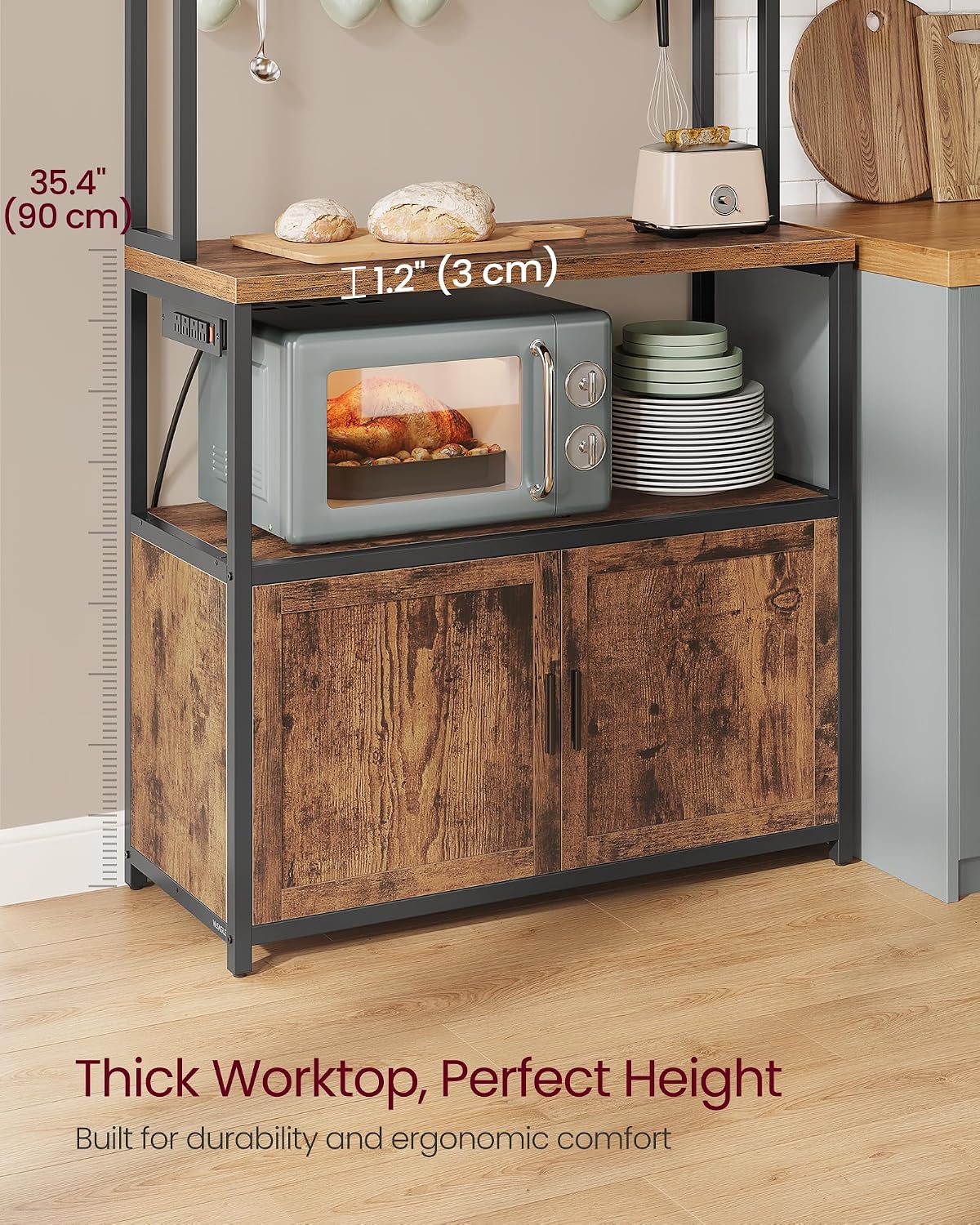 VASAGLE Kitchen Bakers Rack with Power Outlet, Coffee Bar with 35.4-Inch High Worktop, Microwave Stand with 8 Hooks, 15.7 x 31.5 x 66.9 Inches, Rustic Brown and Ink Black UKKS059K01