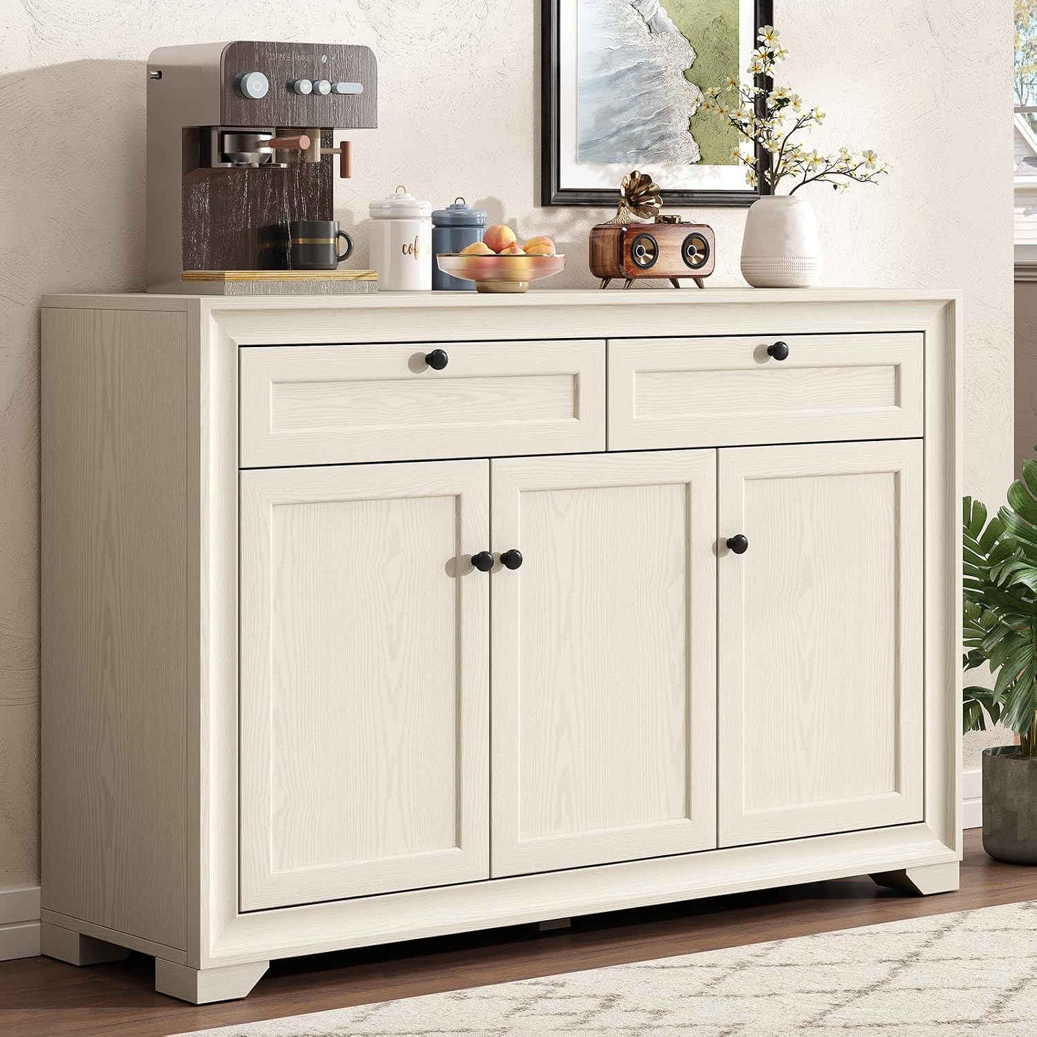 ONBRILL 48 Inches Sideboard Buffet Cabinet with Storage, Farmhouse Sideboard with 2 Drawers and 3 Doors, Wood Coffee Bar Cabinet with Adjustable Shelves for Living Room, Kitchen, Hallway, White