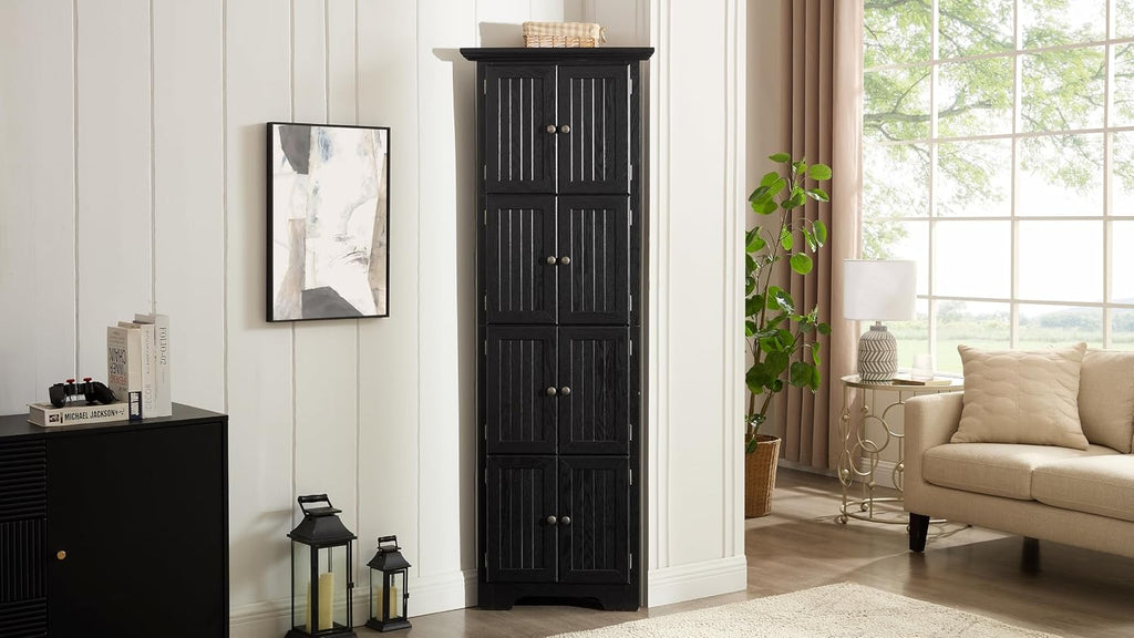 72' Corner Design Freestanding Storage Cabinet, Kitchen Storage Bakers Rack with Sleek Metal Handles, Utility Food Cupboard with 4-Tier Shelves for Kitchen, Bathroom, Living Room, Black