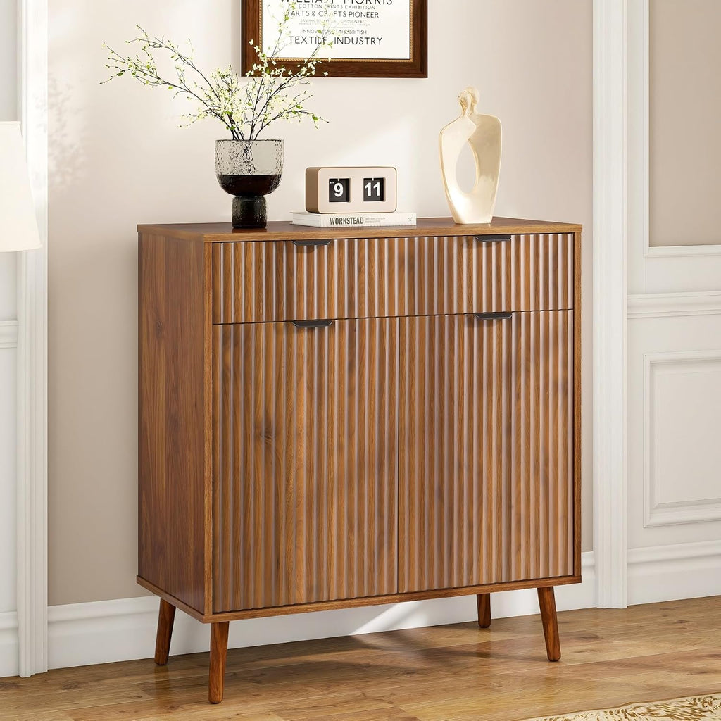 LYNCOHOME Fluted Sideboard Buffet Cabinet with Storage, 1 Drawers and 2 Doors,Solid Wood Feet for Kitchen, Hallway