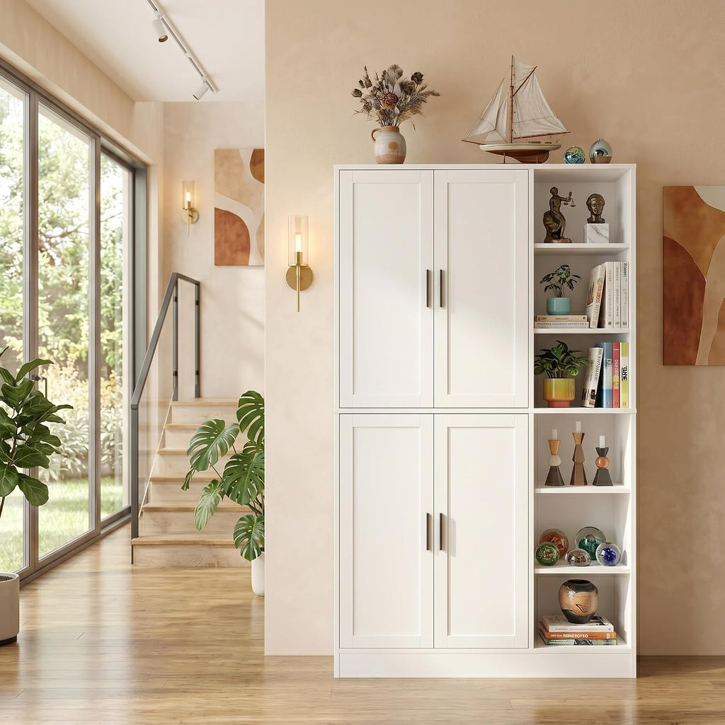 holzart 63' Tall Kitchen Pantry Cabinet, Freestanding Dining Room Storage Hutch with 4 Doors and Adjustable Shelves, Modern Utility Cupboard for Coffee Bar and Microwave, White