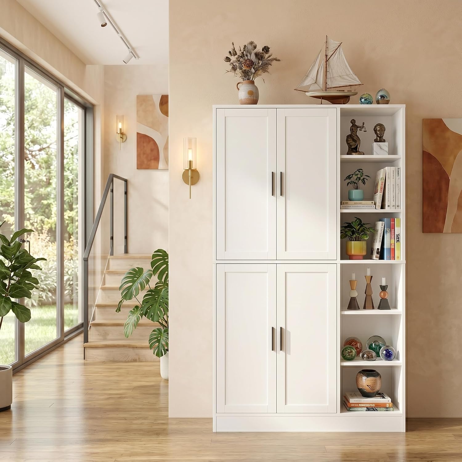 holzart 63' Tall Kitchen Pantry Cabinet, Freestanding Dining Room Storage Hutch with 4 Doors and Adjustable Shelves, Modern Utility Cupboard for Coffee Bar and Microwave, White