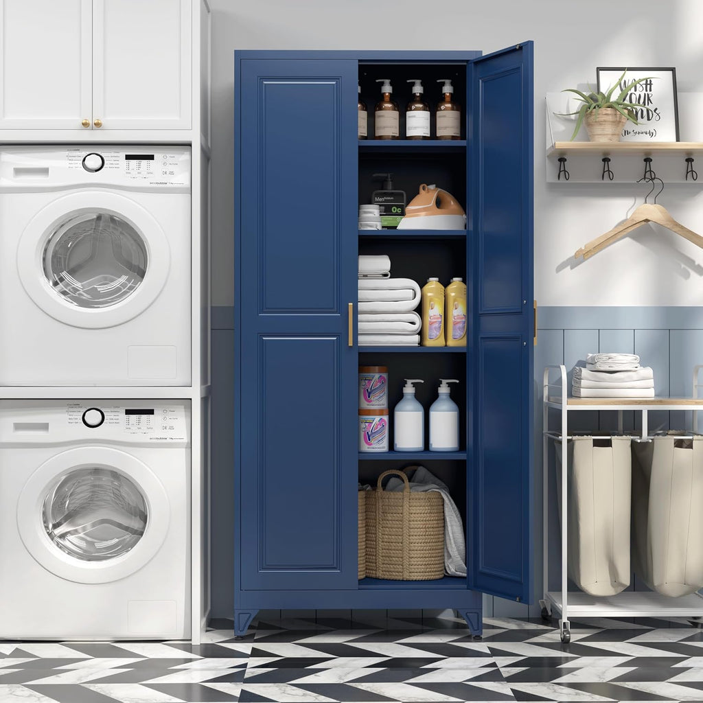 SteeLoong 75'Kitchen Pantry Cabinet,Blue Metal Storage Cabinets with Doors and 4 Adjustable Shelves,Kitchen Cabinet with 2 Gold Handles,Tall Cabinet for Livingroom,Pantry, Bathroom