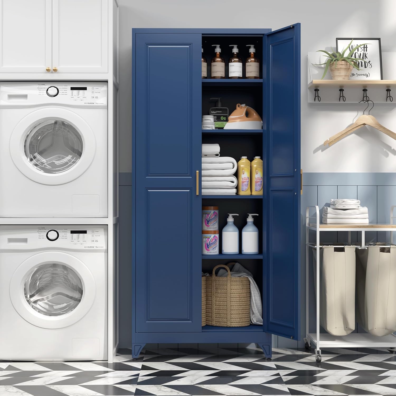 SteeLoong 75'Kitchen Pantry Cabinet,Blue Metal Storage Cabinets with Doors and 4 Adjustable Shelves,Kitchen Cabinet with 2 Gold Handles,Tall Cabinet for Livingroom,Pantry, Bathroom