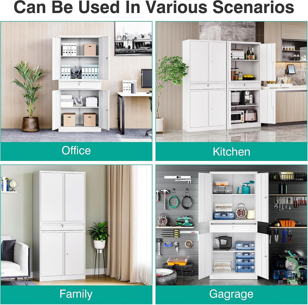 SISESOL White Metal Storage Cabinet with Drawer and Locks,Garage Storage Cabinet with Locking Doors and Adjustable Shelves,71' Tall Large Metal Cabinets with Magnetic Door for Home,Office,Garage