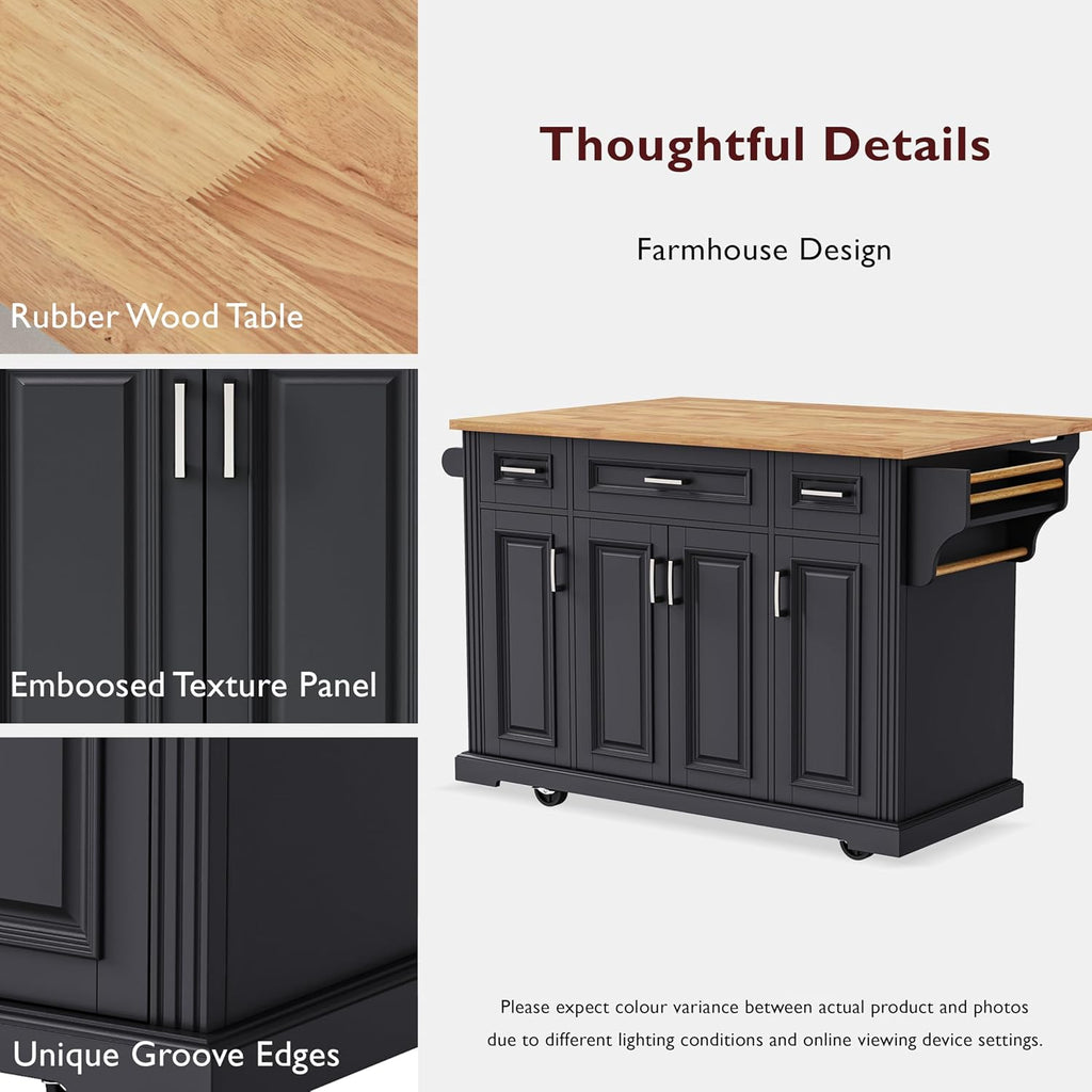 54' Rolling Storage Kitchen Island Cart on 4 Wheels with Drop Leaf, Embossed Texture, 4 Doors and 3 Drawers for Kitchen, Dining Room, Black, Rubber Wood Top