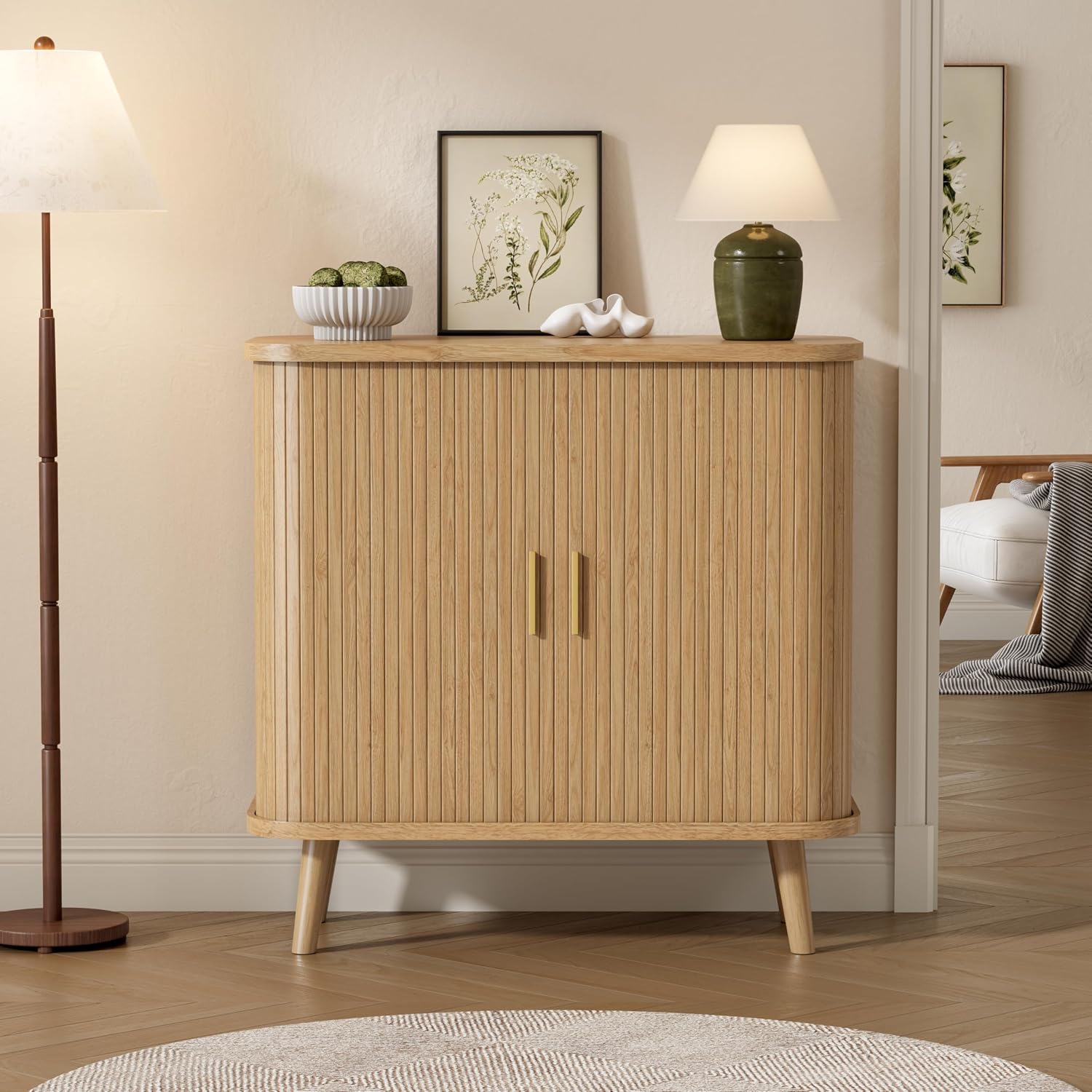 BORNOON Buffet Cabinet with Storage, Curved-Edge Fluted Storage Cabinet Sideboard, Modern Black Sideboard Buffet with Adjustable Shelves & Sliding Door for Dining Room, Kitchen, Entryway (Oak)
