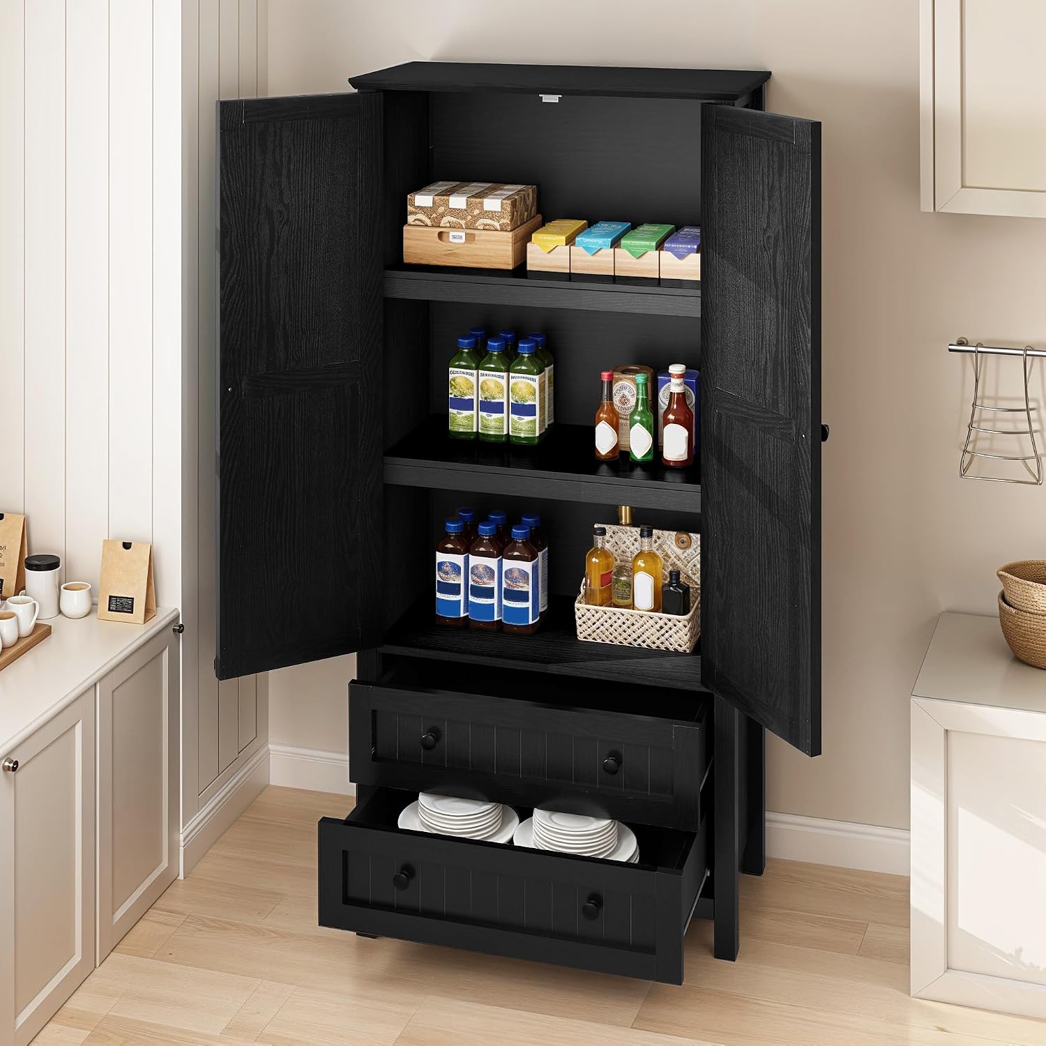 DWVO Farmhouse Kitchen Pantry Cabinet, 64.5' Tall Storage Cabinet with 2 Drawers and Adjustable Shelves, Versatile Storage for Living Room, Dining Room or Hallway, Oak Black