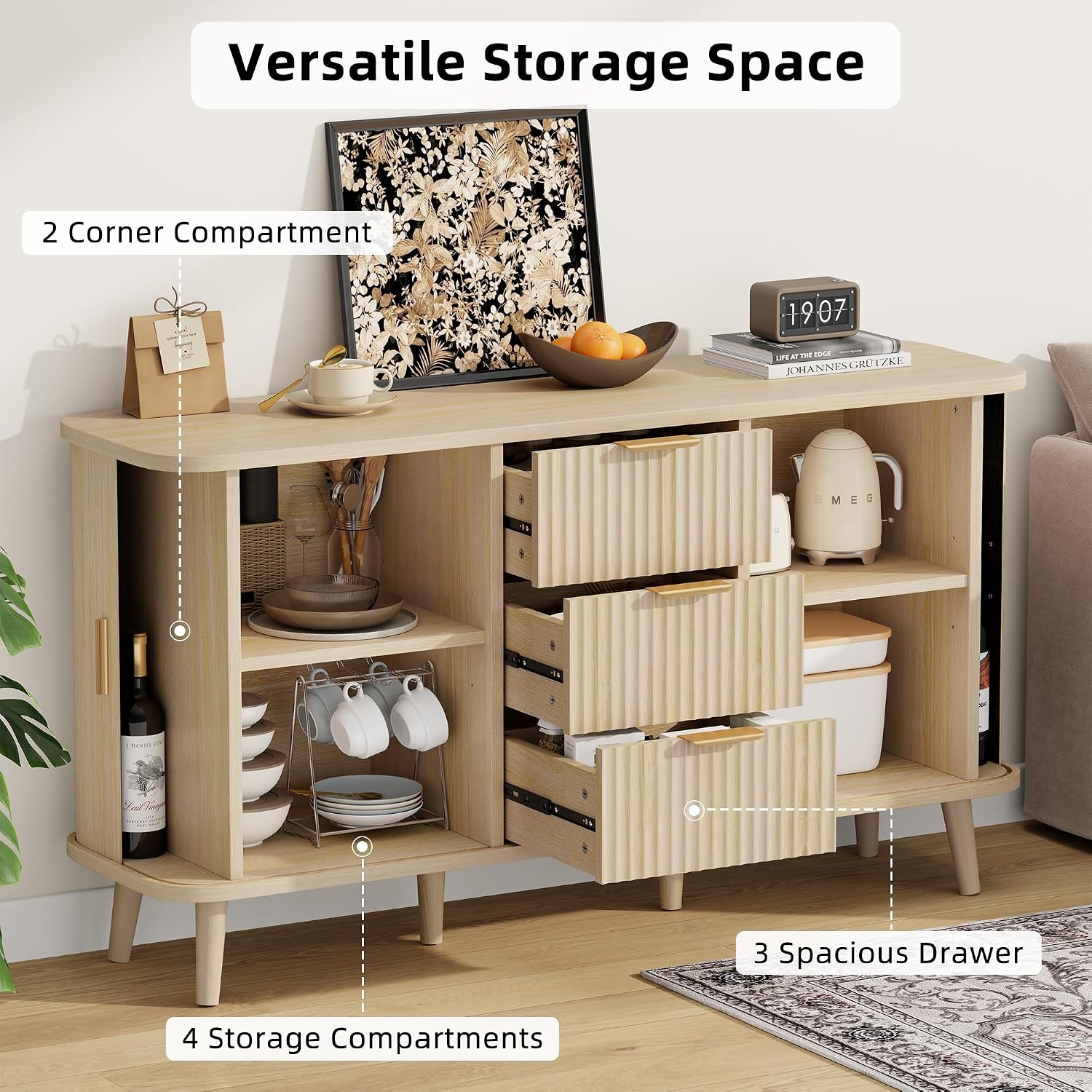 Lulive Natrual Buffet Cabinet, 55' Wide Sideboard Buffet Storage Cabinet with Rolling & Sliding Doors, Modern Bar Cabinet for Kitchen & Dining Room