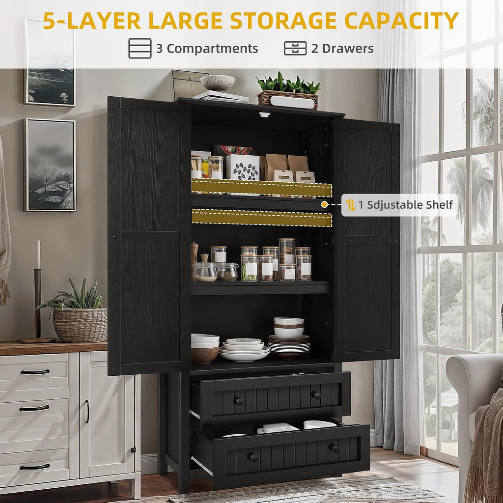 DWVO Farmhouse Kitchen Pantry Cabinet, 64.5' Tall Storage Cabinet with 2 Drawers and Adjustable Shelves, Versatile Storage for Living Room, Dining Room or Hallway, Oak Black