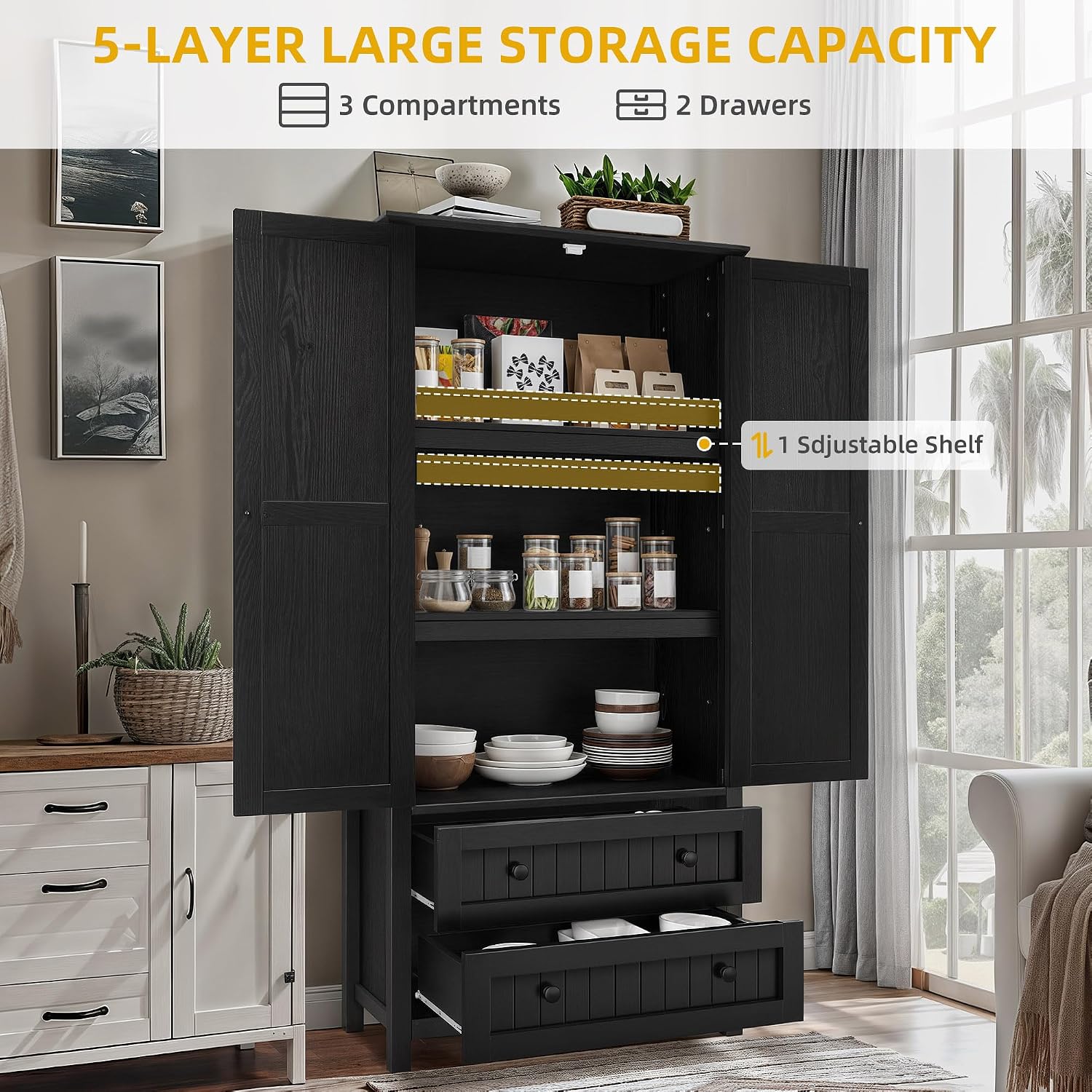 DWVO Farmhouse Kitchen Pantry Cabinet, 64.5' Tall Storage Cabinet with 2 Drawers and Adjustable Shelves, Versatile Storage for Living Room, Dining Room or Hallway, Oak Black