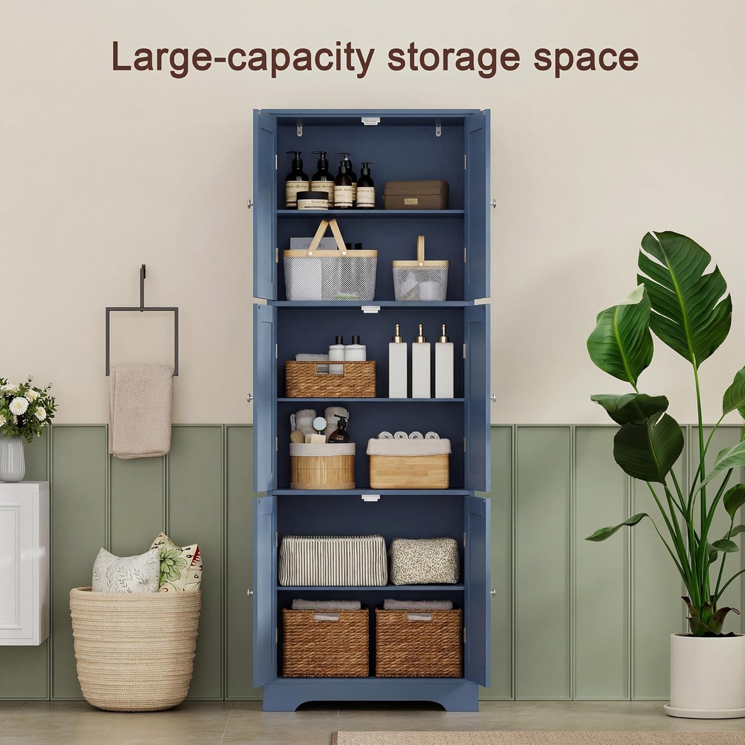 ChooChoo Tall Bathroom Storage Cabinet with 6 Doors, Freestanding Floor Cabinet with Adjustable Shelves, Blue Pantry Cabinet for Bathroom, Kitchen, Laundry Room