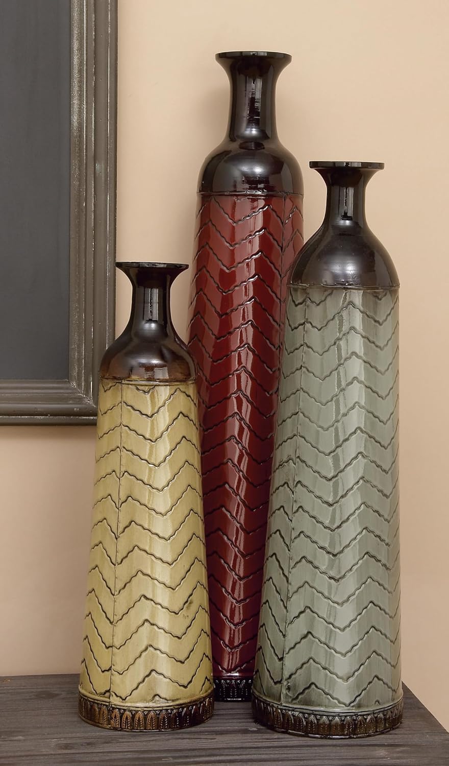 Deco 79 Metal Decorative Vase Tall Enameled Bottleneck Floor Centerpiece Vases with Chevron Pattern, Set of 3 Vases for Home Decoration 32', 27', 22'H, Multi Colored