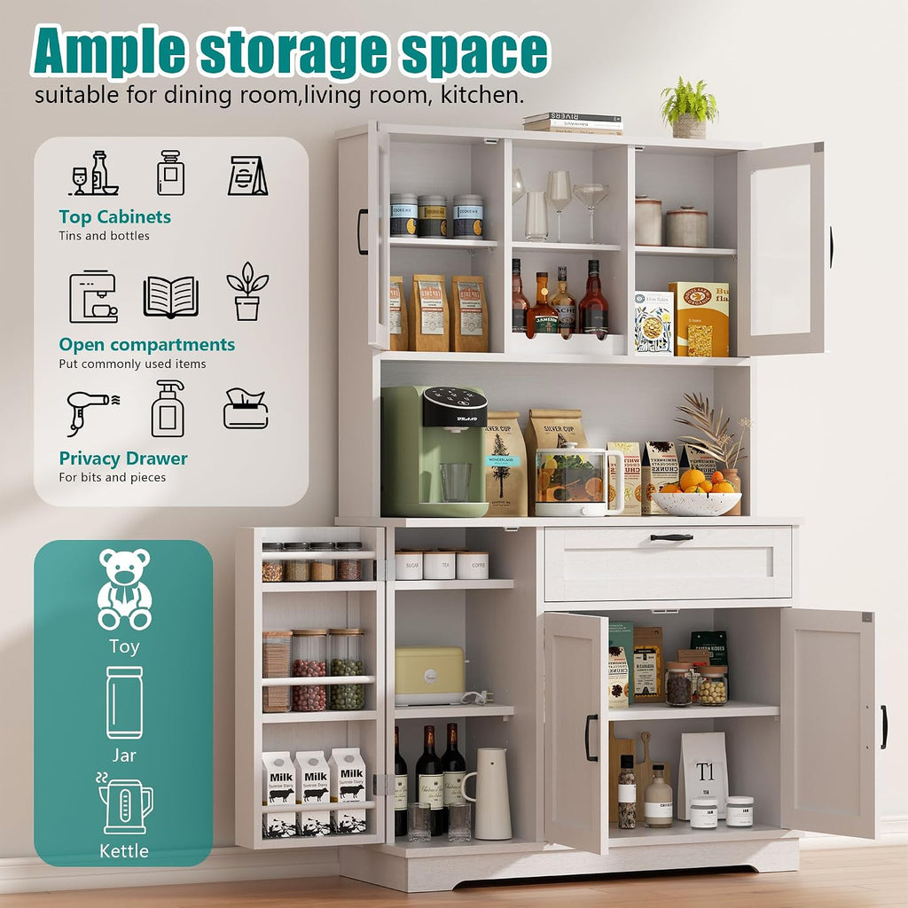 Vongrasig Kitchen Pantry Cabinet, Farmhouse Kitchen Hutch Tall Storage Cabinet with Doors and Shelves, Modern Food Pantry for Dining Room, White