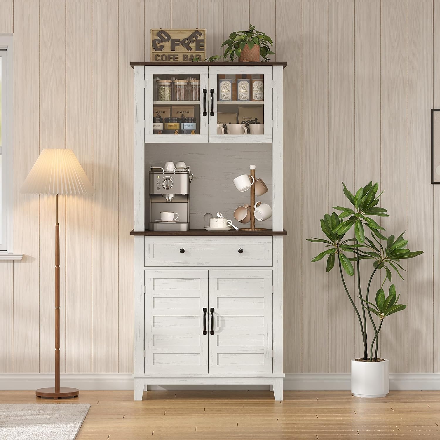 IDEALHOUSE Farmhouse Coffee Bar Cabinet with 2 Glass Doors, 72'' Black Bar Cabinet with 1 Drawer, Tall Wine Bar with Metal Handle, Coffee Bar Hutch with Storage for Living Room (Light White)