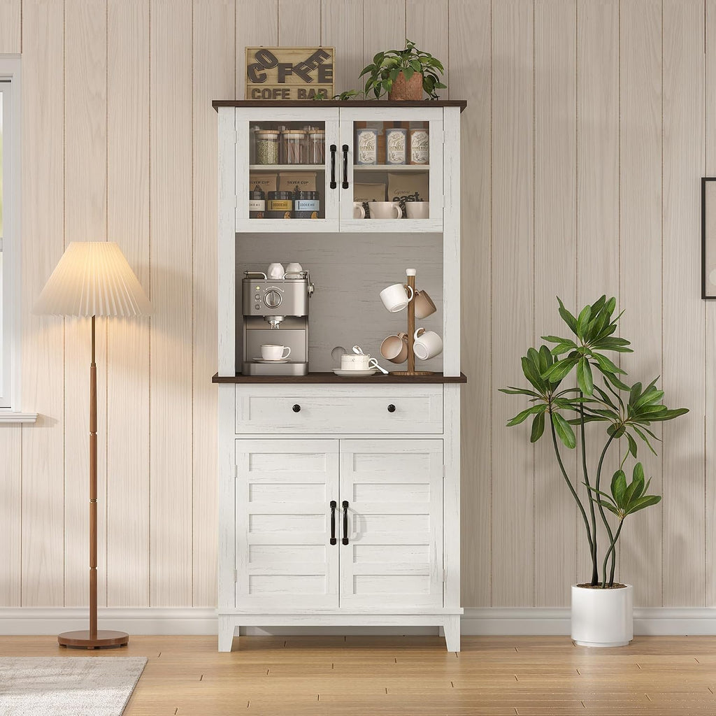 GarveeHome 72' Kitchen Pantry Storage Cabinet, Kitchen Hutch Cabinet with Storage, Microwave Stand with Drawers & Glass Doors, Pantry cabinets for Kitchen, Dining Room, Living Room, Light White