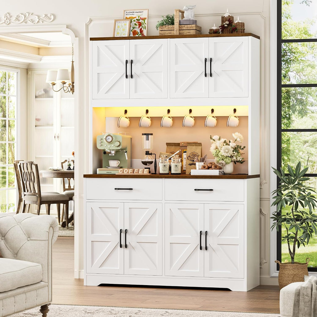 HIFIT 71' Tall Kitchen Pantry Cabinet with RGB LED and Charging Station, Farmhouse Coffee Bar Cabinet with Large Countertop and 6 Hooks, Kitchen Hutch Storage Cabinet, White