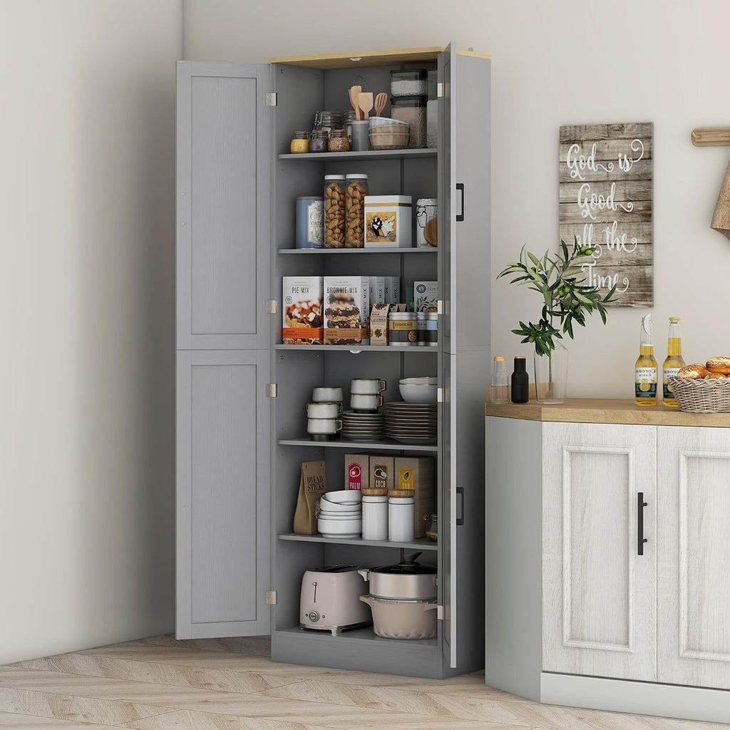 HOMCOM 67' Freestanding Kitchen Pantry, 4-Door Storage Cabinet Organizer with Adjustable Shelves, Kitchen Cabinet with Doors and Shelves, Distressed Gray
