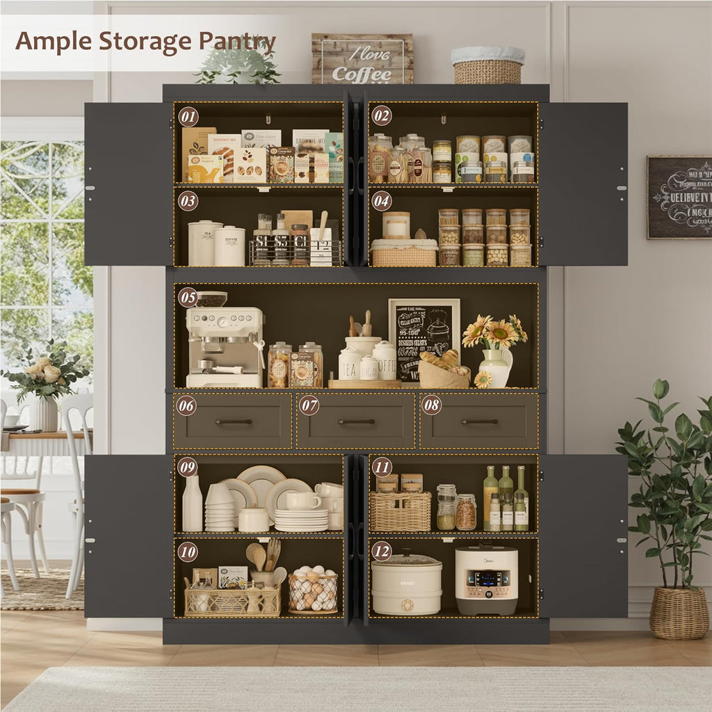 HITHOS 76' Tall Kitchen Pantry Storage Cabinet, 55' Wide Kitchen Hutch Cabinet with Storage Drawers, Large Food Pantry with Microwave Stand, Modern Cupboard with Hutch for Dining Living Room, Black