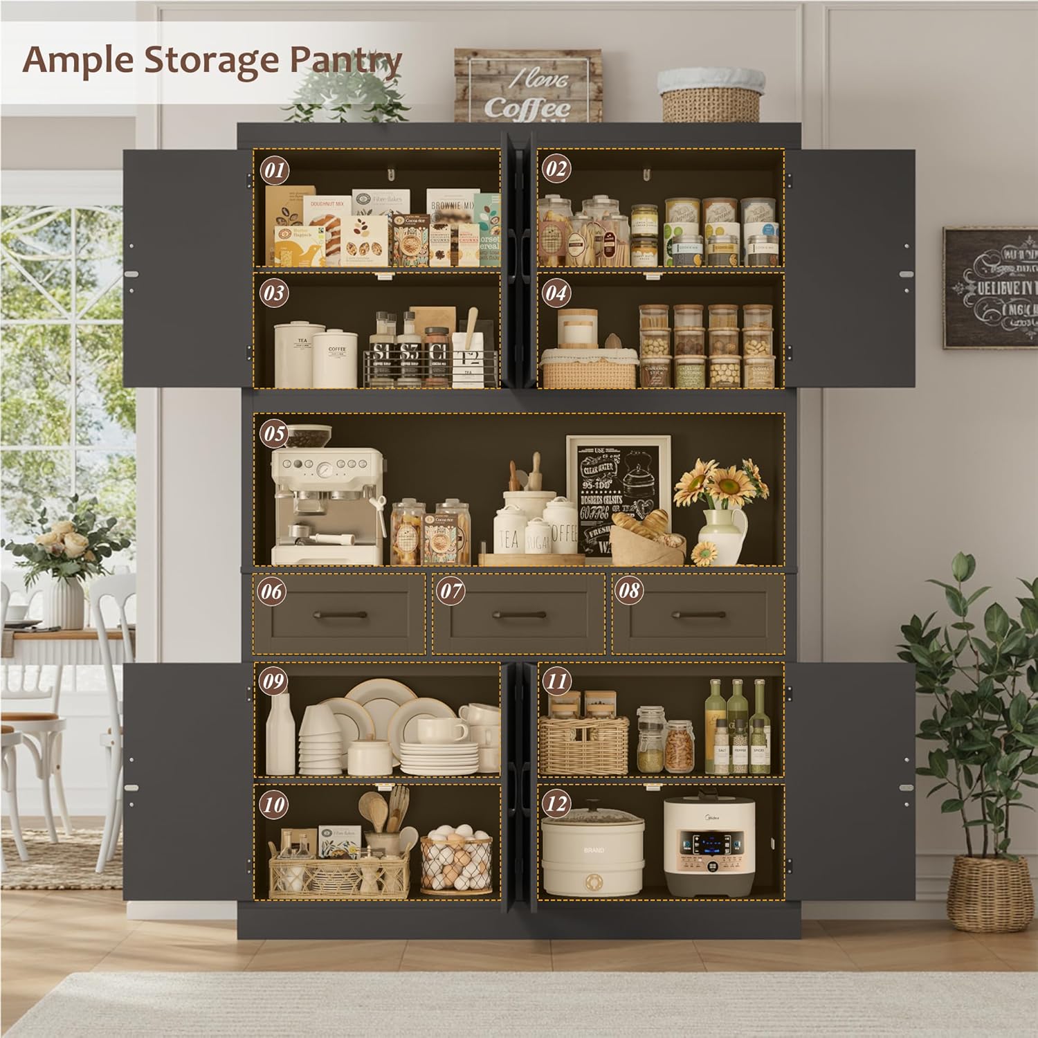 HITHOS 76' Tall Kitchen Pantry Storage Cabinet, 55' Wide Kitchen Hutch Cabinet with Storage Drawers, Large Food Pantry with Microwave Stand, Modern Cupboard with Hutch for Dining Living Room, Black
