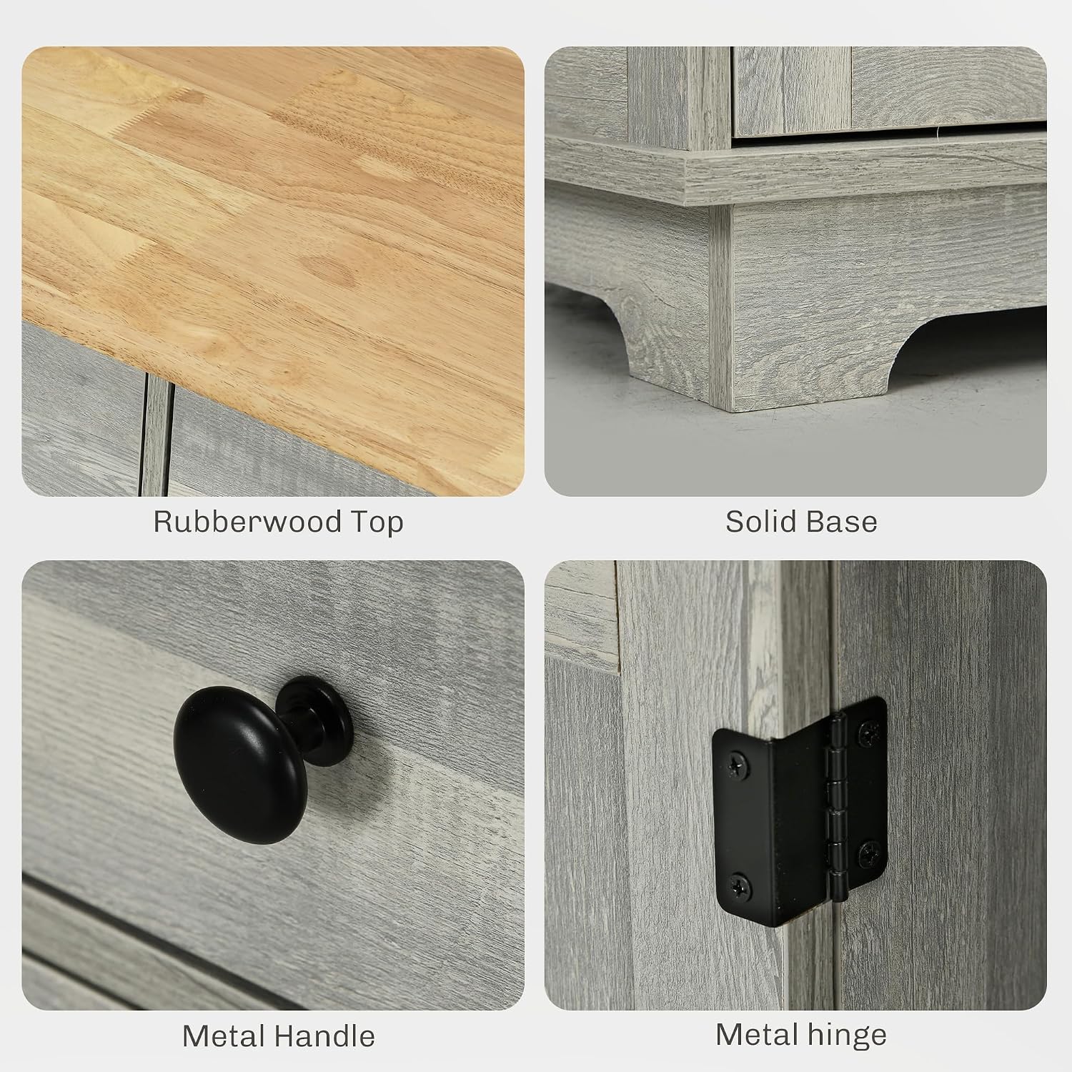 40' Solid Wood Top Freestanding Storage Cabinet, Kitchen Storage Bakers Rack with Drawers, Utility Food Cupboard with Adjustable Shelf for Dining Room Entryway, Light Gray