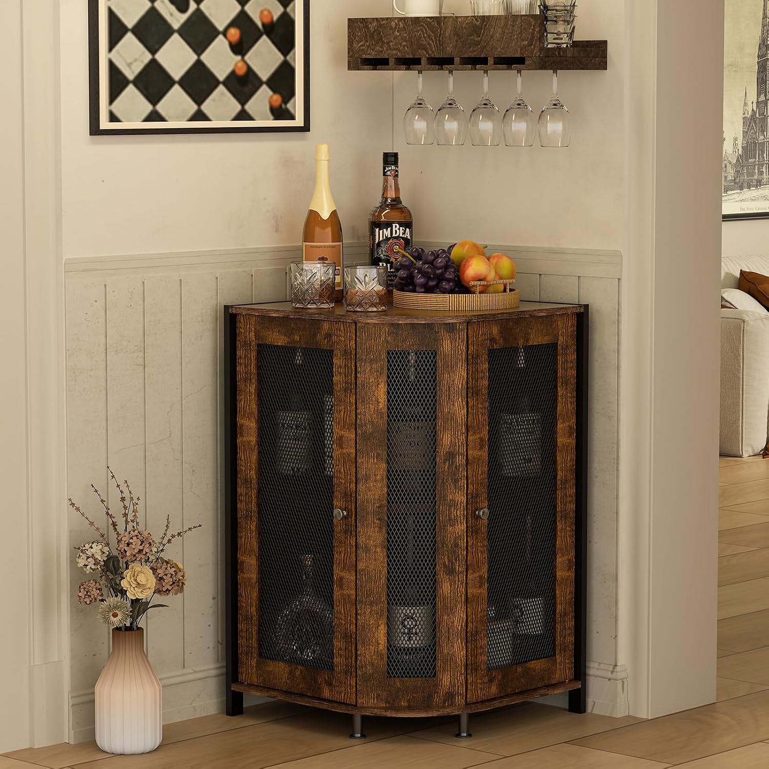 JKsmart Corner Storage Cabinet with Open Shelf, 3-Tier Industrial Wine Bar Shelf with Door, Industrial Corner Cabinet for Kitchen, Dining Room, Rustic Brown