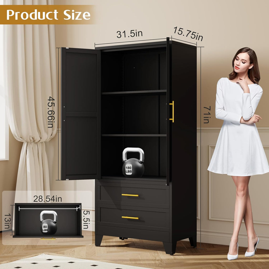 GAIOUS Steel Pantry Cabinet, 71' Metal Storage Cabinets with 2 Doors, 2 Adjustable Shelf and 2 Drawers, Freestanding Storage Cabinet for Bedroom, Kitchen, Home Office (Black)