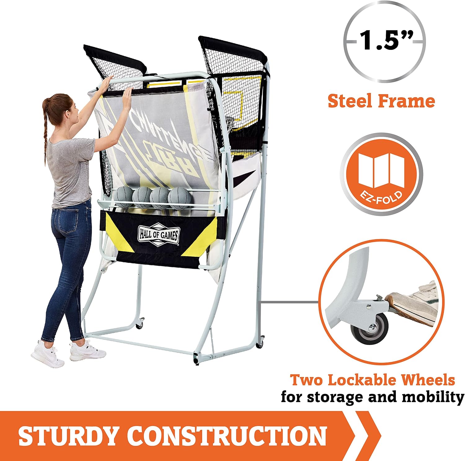 Hall of Games Xtra Long Shot EZ-Fold Premium Arcade Basketball Game with Built-in 4-Ball Storage Rack, Pop Off with The Perfect Basketball Game